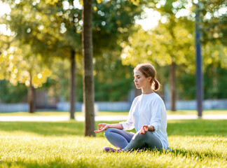 Relaxed girl in sportswear sitting in lotus position meditating with eyes closed on yoga mat in park