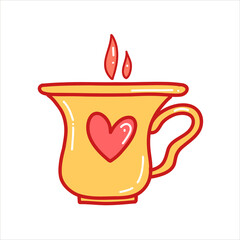 Vector illustration of a yellow tea cup with a heart, an isolated element on a white background in a cartoon style. Illustration for cafes, menus, shops, icons, fabrics.