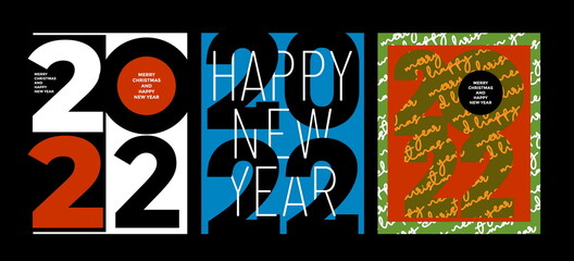 2022 Colorful set of Happy New Year posters. Abstract design with typography style. Vector logo 2022 for celebration and season decoration, backgrounds for branding, banner, cover, card and more.