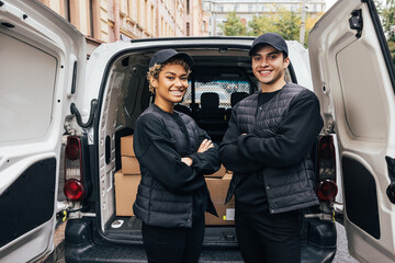 Portrait of a two confident and smiling couriers standing together at van trunk - obrazy, fototapety, plakaty
