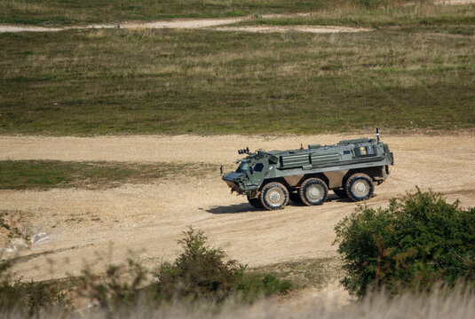 British army Patria Pasi Fuchs (Falcon Squadron) CBRN armoured 6x6 vehicle on a military exercise, Wiltshire UK