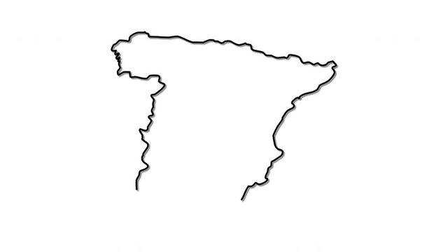 The Spain country territory map self drawing animation. Red and yellow flag colours. 2d element. Title Spain appearing.