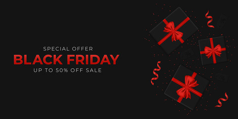 Black Friday Sale. illustration for banners, posters or flyers with gift boxes and confetti.