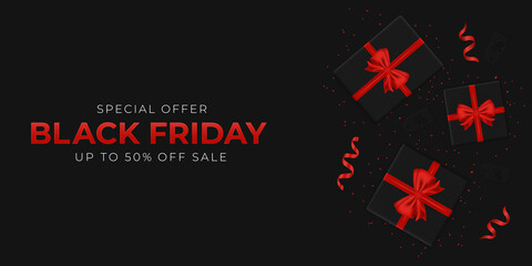 Black Friday Sale. illustration for banners, posters or flyers with gift boxes and confetti.