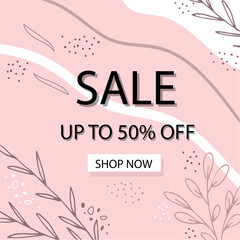 Floral line arts and organic shape cover design template for social media stories, post, sale banner, poster, cover design. Pink color.  Up to 50 percent OFF.