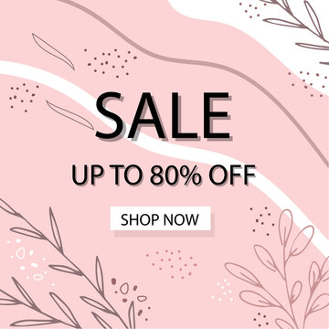 Floral line arts and organic shape cover design template for social media stories, post, sale banner, poster, cover design. Pink color.  Up to 90 percent OFF.