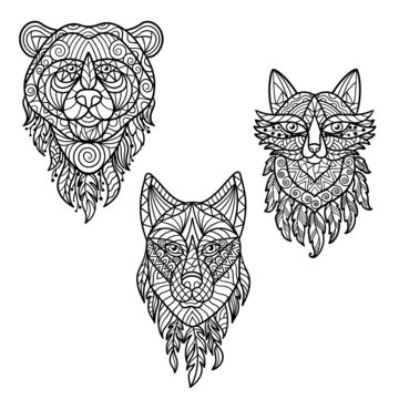 Coloring page with a set of abstract forest animals in ethnic style, zen art