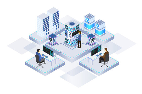 data center or server room processing data operation with security protection and maintenance with isometric design style - vector	