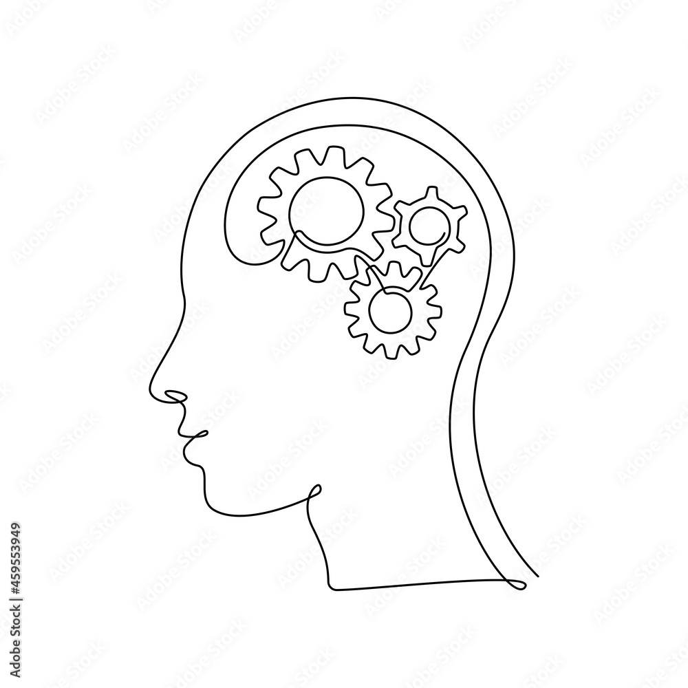 Aufkleber Human head with gears inside in Continuous one line drawing. Concept of creative brain process and Technology progress. Cogwheels in human body in thin linear style. Doodle Vector illustration