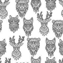 Seamless pattern, coloring page with forest abstract animals with patterns in ethnic style, zen art