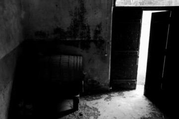 Obraz premium Light entering an abandoned and ruined house, in black and white 