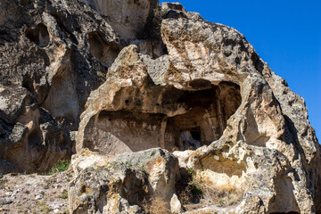 Phrygian Valley. Ancient caves and stone houses in Afyonkarahisar, Turkey.