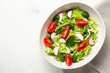 Vegetarian fresh salad. Healthy food, diet lunch. Top view on a white background.