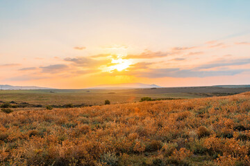 Fototapeta na wymiar Scenic mountain landscape at sunset. Colorful travel background.