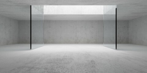 Empty modern abstract concrete room with open ceiling light and glass wall frame, product presentation template background