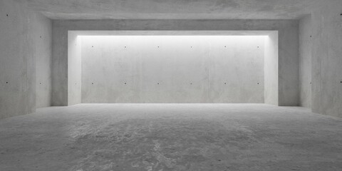 Abstract empty, modern concrete room with indirect lighting from back side wall, shifted recess element and rough floor - industrial interior background template