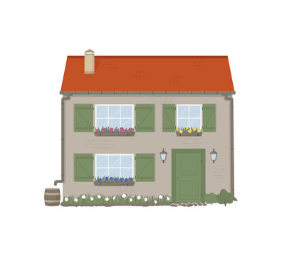 Cute residential french style country house on white background. Trendy flat style vector isolated picture for design.