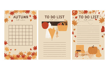 To do planner template. Daily check list cozy autumn vibes. Autumn trendy organizer elements. Harvest festival and thanksgiving day concept. Vector illustration in cartoon style. Isolated background	
