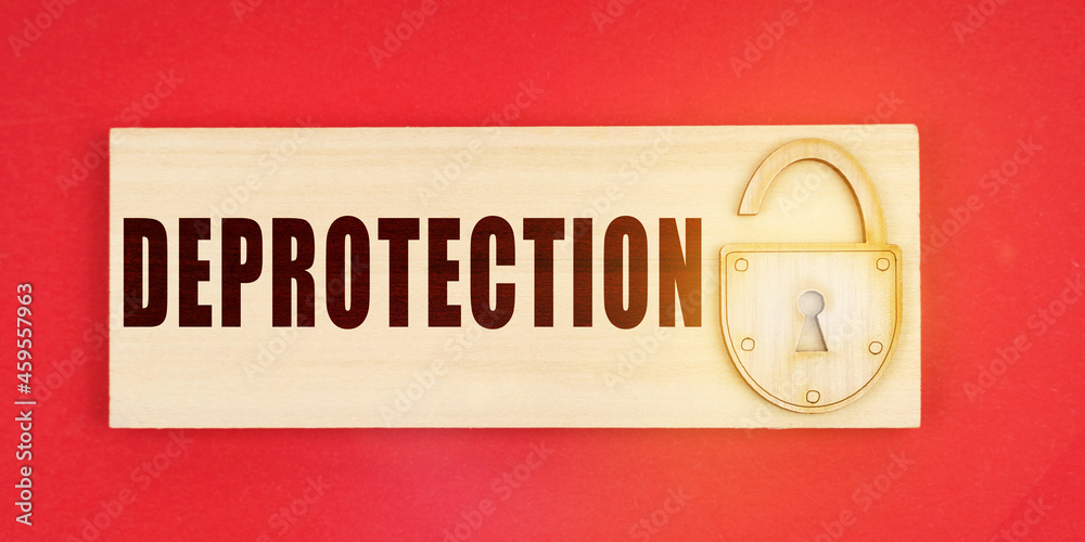 Poster On a red background there is a small plaque on it with a lock and an inscription - Deprotection