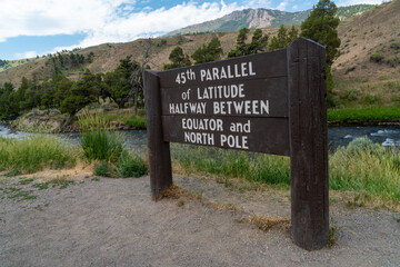 SIgn for 45th Parallel of Latitude in Yellowstone National Park