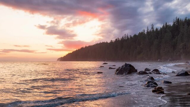View of Mystic Beach on the West Coast of Pacific Ocean. Summer Sunny Sunset. Canadian Nature Landscape. Near Victoria, Vancouver Island, BC, Canada. Cinemagraph Seamless Continuous Loop Animation.