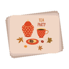 Autumn tea party vintage card. Cozy red service. Cozy autumn concept. Vector illustration 
