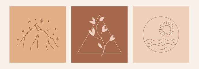 Boho mystic doodle esoteric set. Magic line art poster with sun,sea, mountain, leaf and stars.