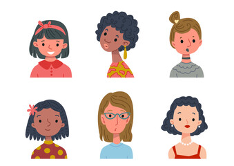 Set of cartoon women of different nationalities and ages. Portrait of a funny character in a stylized cute style. Vector illustration of people, European, Asian, black