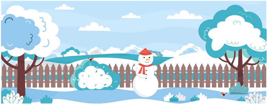 Banner with garden landscape at winter time. Trees, bushes, lawn under snow. Backyard of the house with snowman, fence, birds at winter. Countryside landscape. Vector illustration in flat style.
