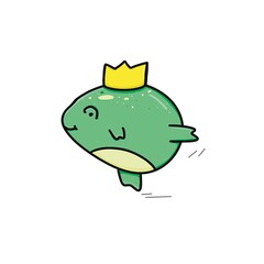 a funny plump green frog in a crown is hurrying somewhere.