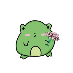 cute green frog with a bouquet of pink flowers.