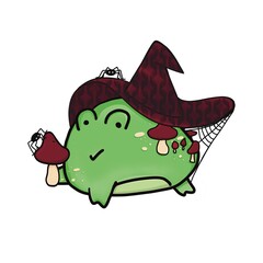 a fat frog in a hat with fly agarics and spiders, Halloween.