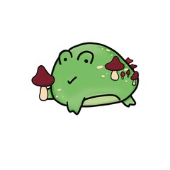 cute fat toad with toadstools. mushrooms