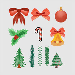 Collection of Watercolor Vintage Merry Christmas Elements set vector