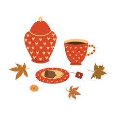 Cute tea set, tea party. Red ceramic cup, saucer with a tea bag, sugar bowl. Autumn mood. Illustration in flat cartoon style