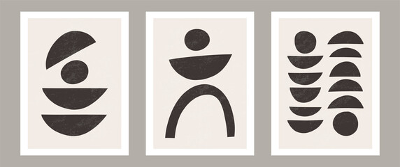 Set of 3 boho art prints, Minimal black shapes on beige