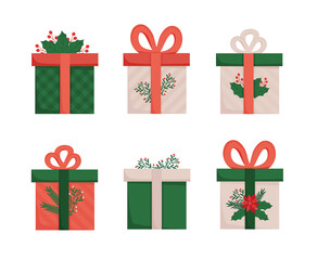 Set of six christmas gift boxes. Present boxes with christmas decoration. Vector illustration in flat style.