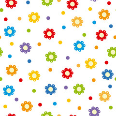 Colorful seamless pattern with flowers and circles isolated on white background. Vector illustration. It can be used for wallpapers, wrapping, cards, patterns for clothes and other.