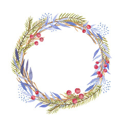 Watercolor Christmas wreath with berries and tree branches. Winter botanical wreath.
