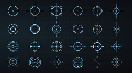 Sniper aim pointer. UI, HUD technology aiming, weapon military futuristic sights. Weapon targeting pointers, aiming mark and aims target sight marks or targets. Focus sniper, sight military isolated