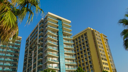 Multi-storey hotels along the first coastline on a sunny summer evening in Batumi, Georgia