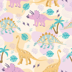 Vector seamless pattern with funny dinosaurs, palms, volcanoes. Doodle funny animal design for baby textiles. Cartoon dinosaurs.