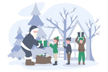 Santa Claus gives gifts to children. Winter landscape. 
