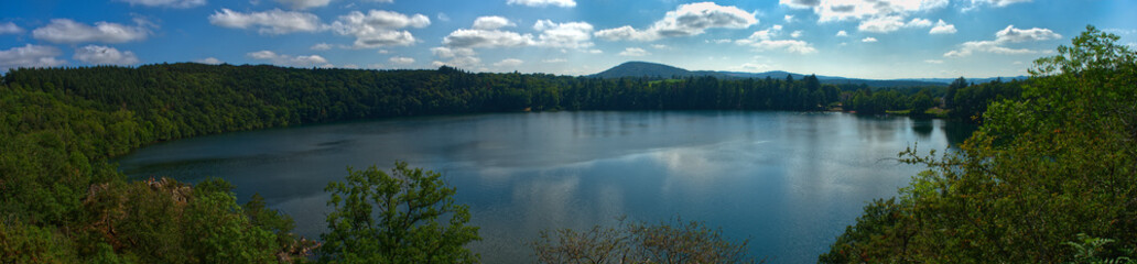 Panoramic view of the gour de Tazenat, volcanic lake of Auvergne in Charbonnières-les-vieilles