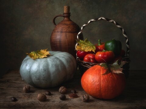Still life with pumpkin and vegetables