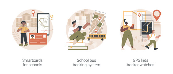 Technology for kids abstract concept vector illustration set. Smartcards for schools, school bus tracking system, GPS location kids tracker watches, student profile, child security abstract metaphor.