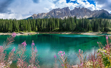 Der berühmte Karersee / Lago di Carezza in den Dolomiten, Südtirol: Panoramabild mit Blüten und...