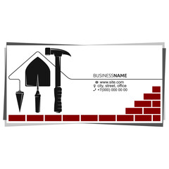 Business card for the builder. Construction of houses and buildings. Hammer, trowel and level construction tool. Construction and sale of housing