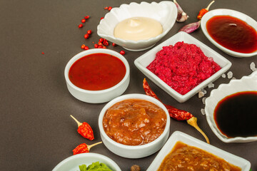 Set of different sauces - ketchup, mayonnaise, barbecue, soy, chutney, wasabi, adjika, horseradish