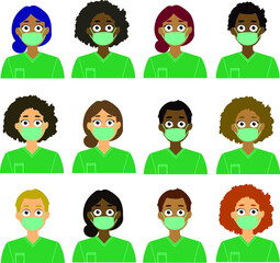 Vector. Profesionales sanitarios diversas nacionalidades con mascarilla higiénica vistiendo bata o pijama verde. Sanidad, coronavirus, medidas preventivas.